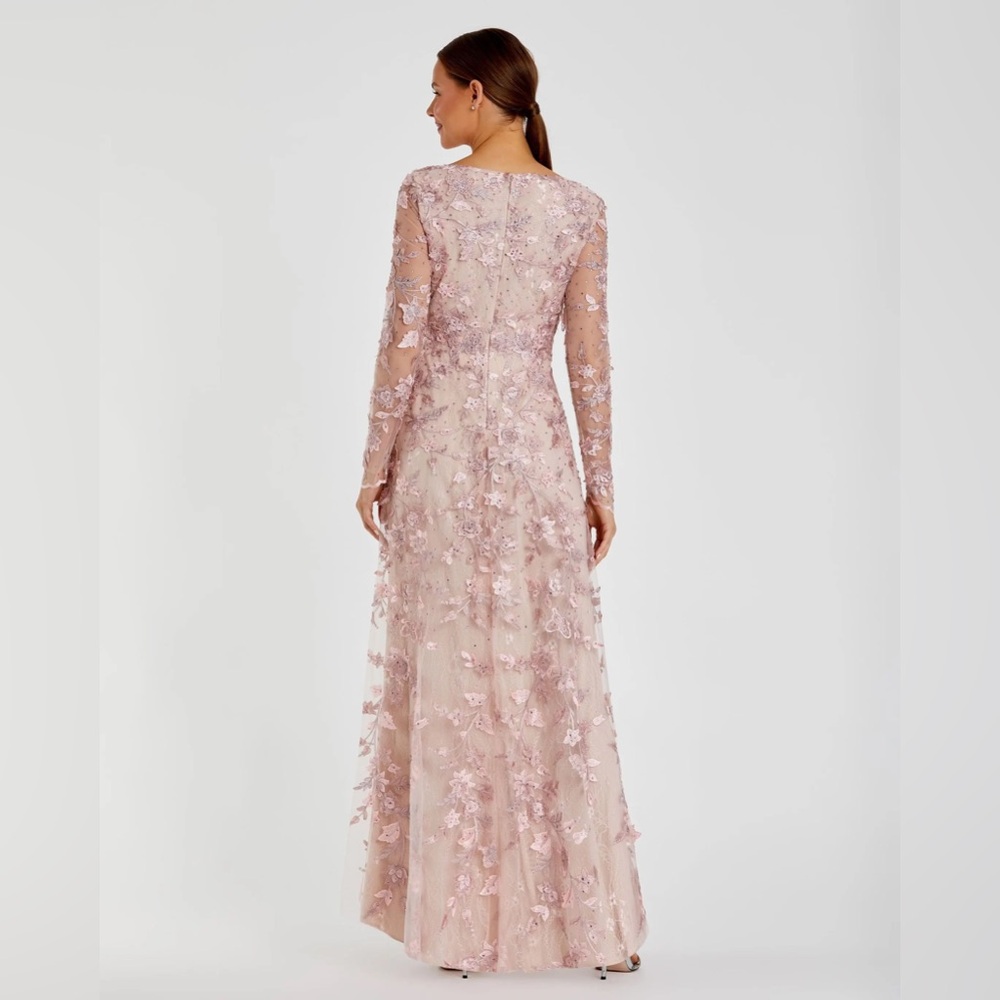 Mac Duggal Pink Floral Applique Long Sleeve Illusion Gown Dress Size 8 NWT - Picture 6 of 15
